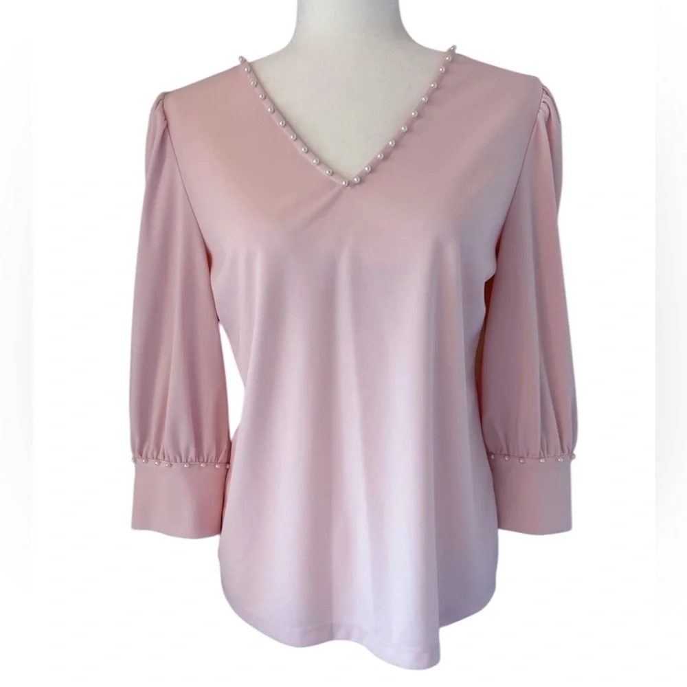 Karl Lagerfeld V Neck Blush Pink Blouse with Pearls